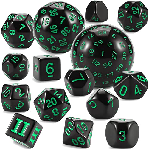 CiaraQ DND Polyhedral Dice Set 15pcs D4D100 Game Dice with Dice Bag for Dungeons and Dragons Role Playing Table Games Black Green - Image 1