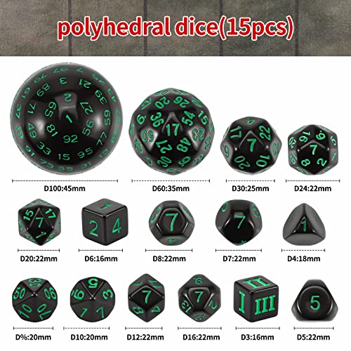 CiaraQ DND Polyhedral Dice Set 15pcs D4D100 Game Dice with Dice Bag for Dungeons and Dragons Role Playing Table Games Black Green - Image 5