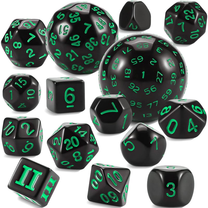 CiaraQ DND Polyhedral Dice Set 15pcs D4D100 Game Dice with Dice Bag for Dungeons and Dragons Role Playing Table Games Black Green - Image 3