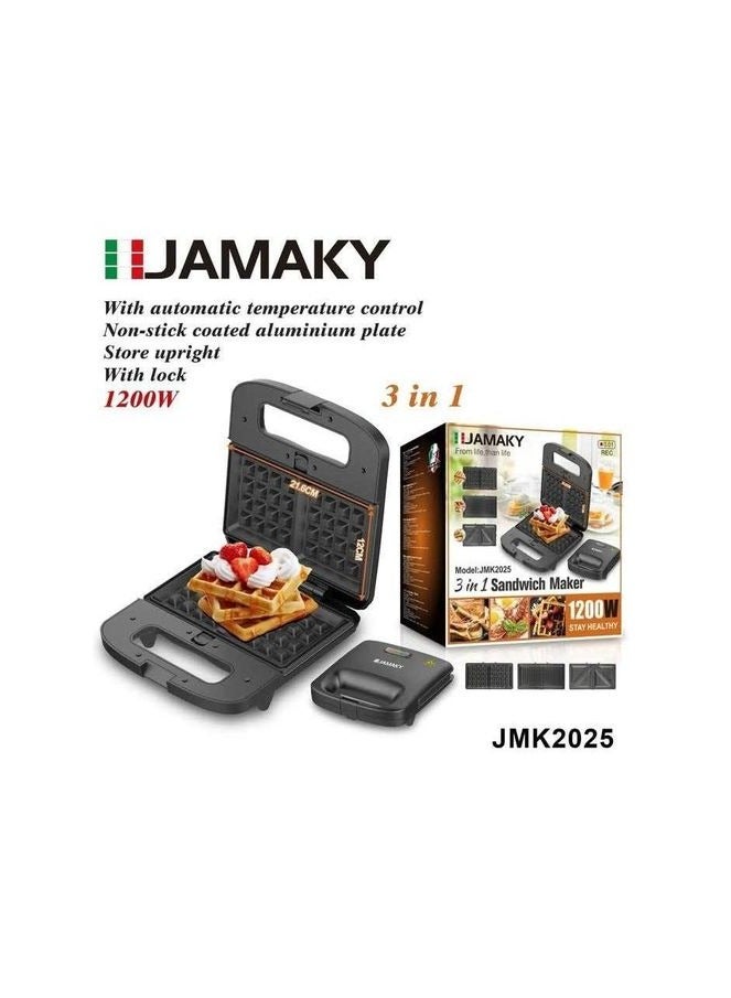 Jamaky Italy صانعة السندويشات متعددة الوظائف من جاماكي 1200 واط 3 في 1 مع 3 أطباق مختلفة (تقنية ايطالية حديثة ) طلاء غير لاصق من الألمنيوم: لسهولة التنظيف وطهي صحي._ JMK 2025 