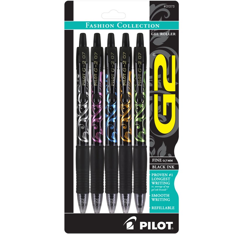 Pilot, G2 Premium Gel Roller Pens, Fine Point 0.7 mm, Fashion Collection, Black, Pack of 5 - Image 1