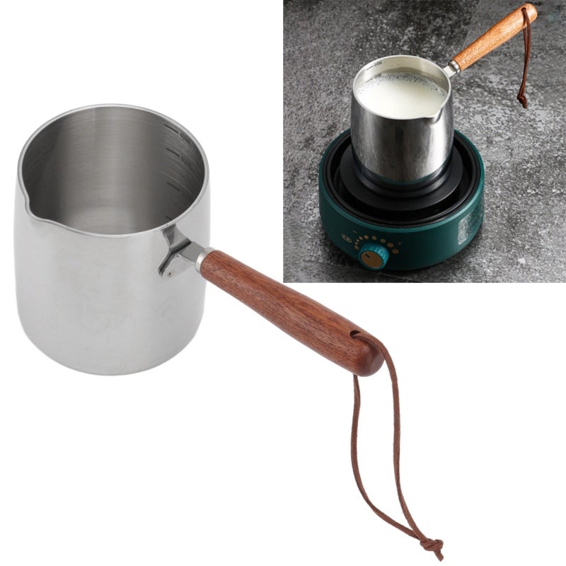 Butter Warmer Pot: Stainless Steel With Induction Bottom, Fast Even Heating, 2 Pour Spouts, Wooden Handle - Versatile Milk Warmer Saucepan for Home Kitchen Small Batch Cooking - Image 4