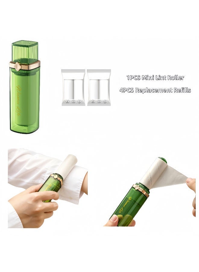 Portable Mini Lint Roller,Portable Clothing Lint Remover with Cover and 4PCS Replacement Refills, Handheld Pet Hair Remover for Carpets, Sofa, Clothes, Furniture, Cars / Lipstick Shape / Green /10.5CMX2.3CM - Image 1