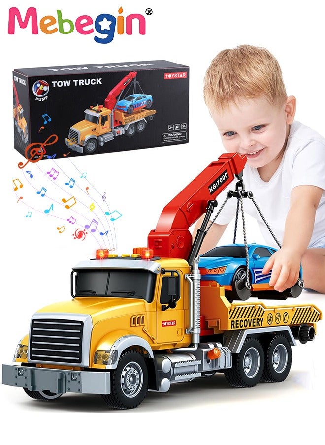 MEBEGIN Rescue Trailer Toy with Extendable Transmission Panel and Removable Lifting Tower, Friction Powered Tow Truck Toy Set with 1 Roadster, Creative Crane Toy with Lights and Sounds, Fun Car toy, Ideal Gift for Kids Aged 3+  - Image 1