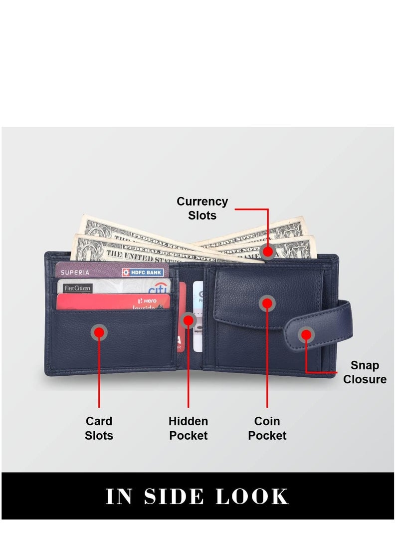 Leather Wallet for Men|5 Card Slots| 1 Coin Pocket| 2 Hidden Compartment|2 Currency Slots, Blue, Minimalist