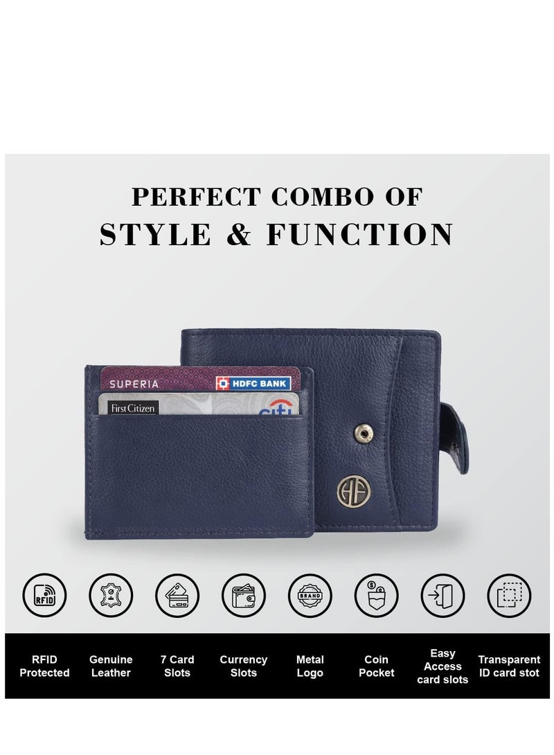 Leather Wallet for Men|5 Card Slots| 1 Coin Pocket| 2 Hidden Compartment|2 Currency Slots, Blue, Minimalist