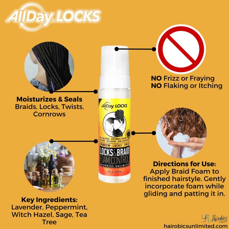 AllDay Locks Braid Foam | Long Lasting Mousse for Style & Shine | No Frizz or Fraying | Moisturizes & Seals Braids, Locks, Twists, Cornrows | 8 oz, 2-pack - Image 5