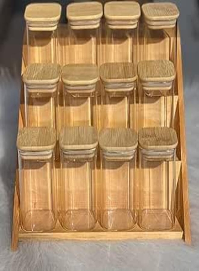 Glass Spice Jars with Bamboo Stand, 12 Square Containers with Gold Lids, 3-Tier Storage Organiser
