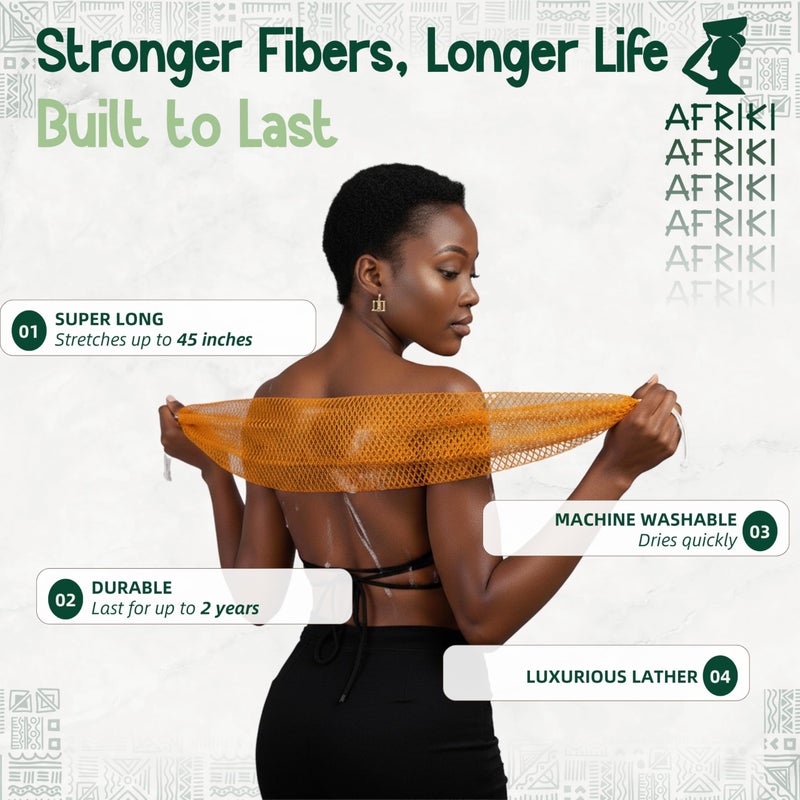 AFRIKI African Net Sponge â€“ Exfoliating Body Scrubber, Black Owned & Rooted in Africa, All Skin Types | 45 in Long (Forest Green) - Image 3