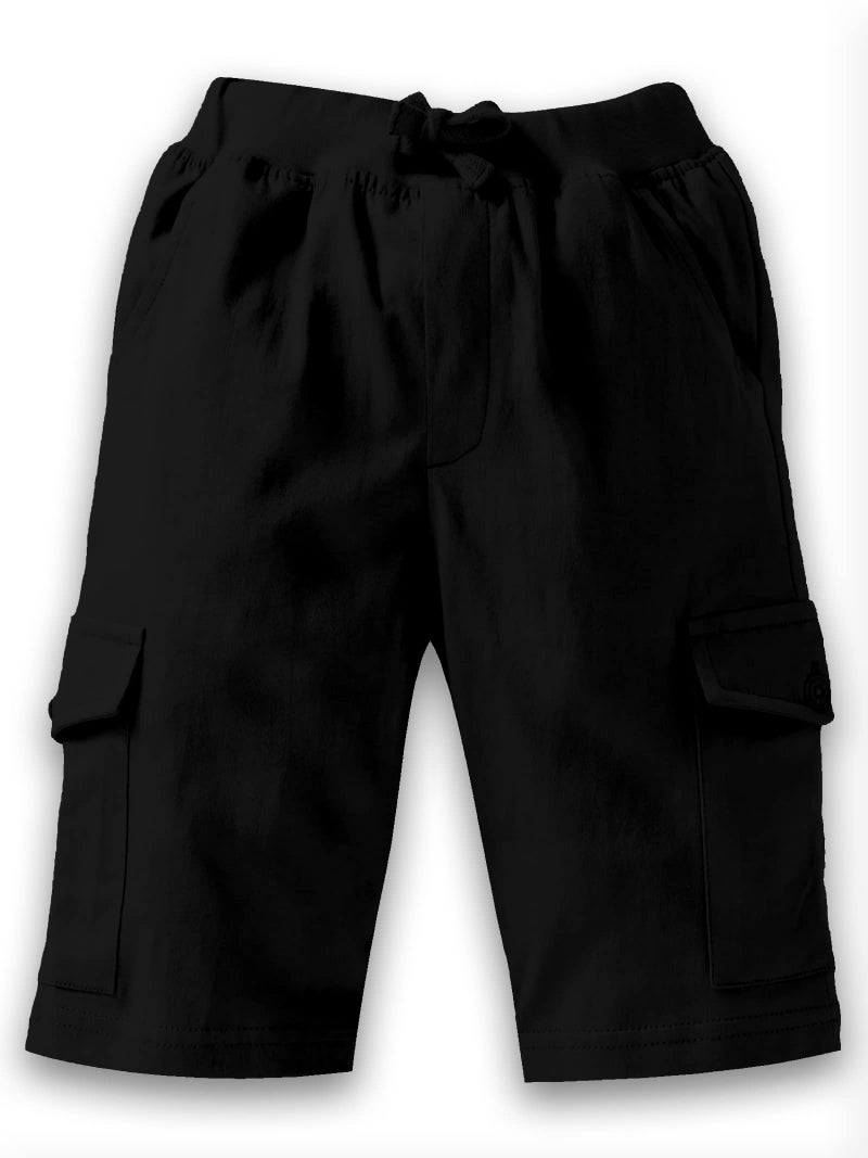 KiddoPanti Boys Knit Solid Cargo Shorts Pack of 2 | 100% Cotton | Comfortable Rib Waistband | 2 Front Pockets & 2 Cargo Pockets | Sport Bermuda Half Pant for Boys, Grey Melange & Jet Black - 4-6Y - Image 3