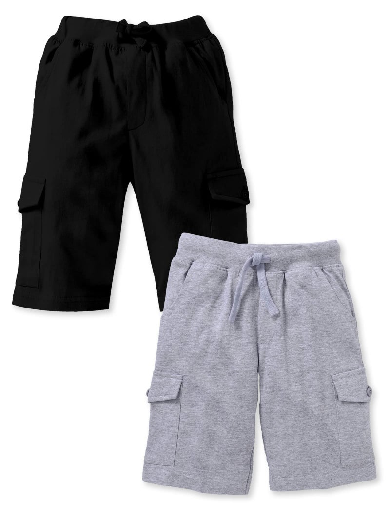 KiddoPanti Boys Knit Solid Cargo Shorts Pack of 2 | 100% Cotton | Comfortable Rib Waistband | 2 Front Pockets & 2 Cargo Pockets | Sport Bermuda Half Pant for Boys, Grey Melange & Jet Black - 4-6Y - Image 1