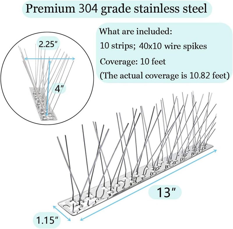 PANGCH Bird Spikes for Pigeons Small Birds,Stainless Steel Bird Spikes -No More Bird Nests & Poop-Disassembled Spikes 10 Strips 10.82 Feet Coverage - Image 4