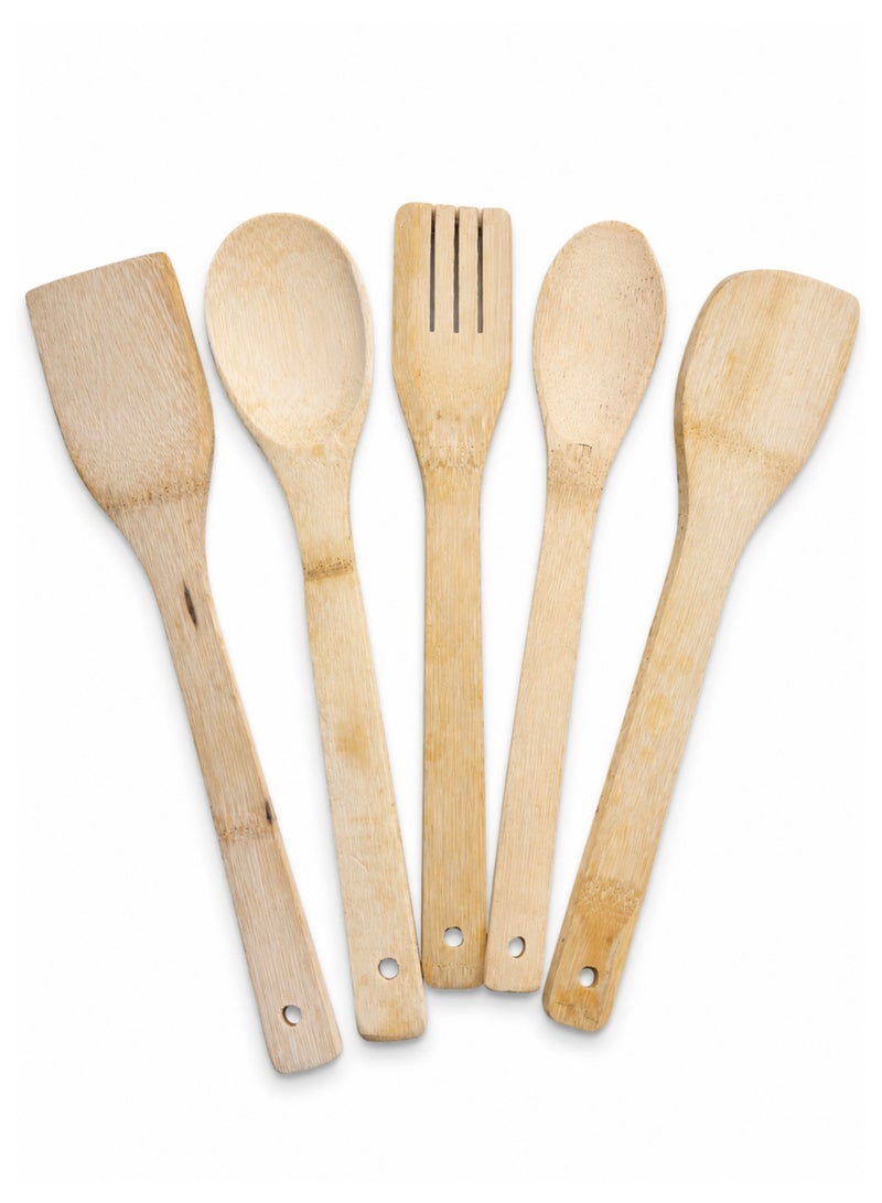 5-Piece Bamboo Wooden Kitchen Utensil Set Cooking Spoons Spatulas Slotted Turner for Cooking & Serving - Image 1