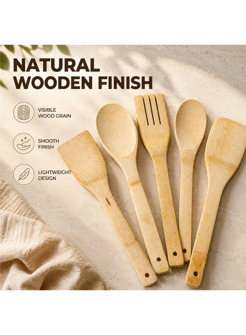 5-Piece Bamboo Wooden Kitchen Utensil Set Cooking Spoons Spatulas Slotted Turner for Cooking & Serving - Image 4