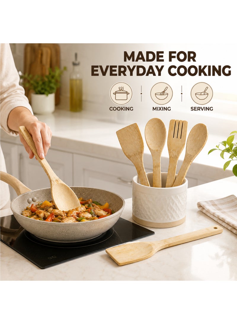 5-Piece Bamboo Wooden Kitchen Utensil Set Cooking Spoons Spatulas Slotted Turner for Cooking & Serving - Image 3