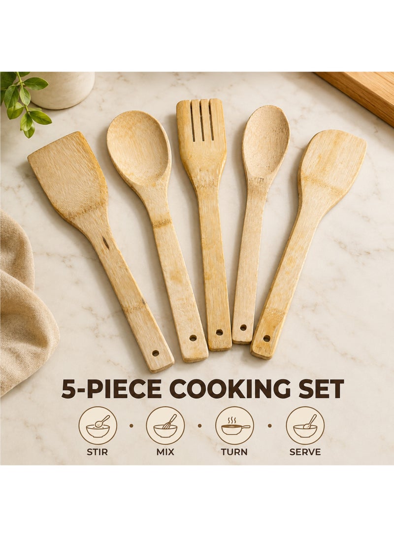 5-Piece Bamboo Wooden Kitchen Utensil Set Cooking Spoons Spatulas Slotted Turner for Cooking & Serving - Image 2
