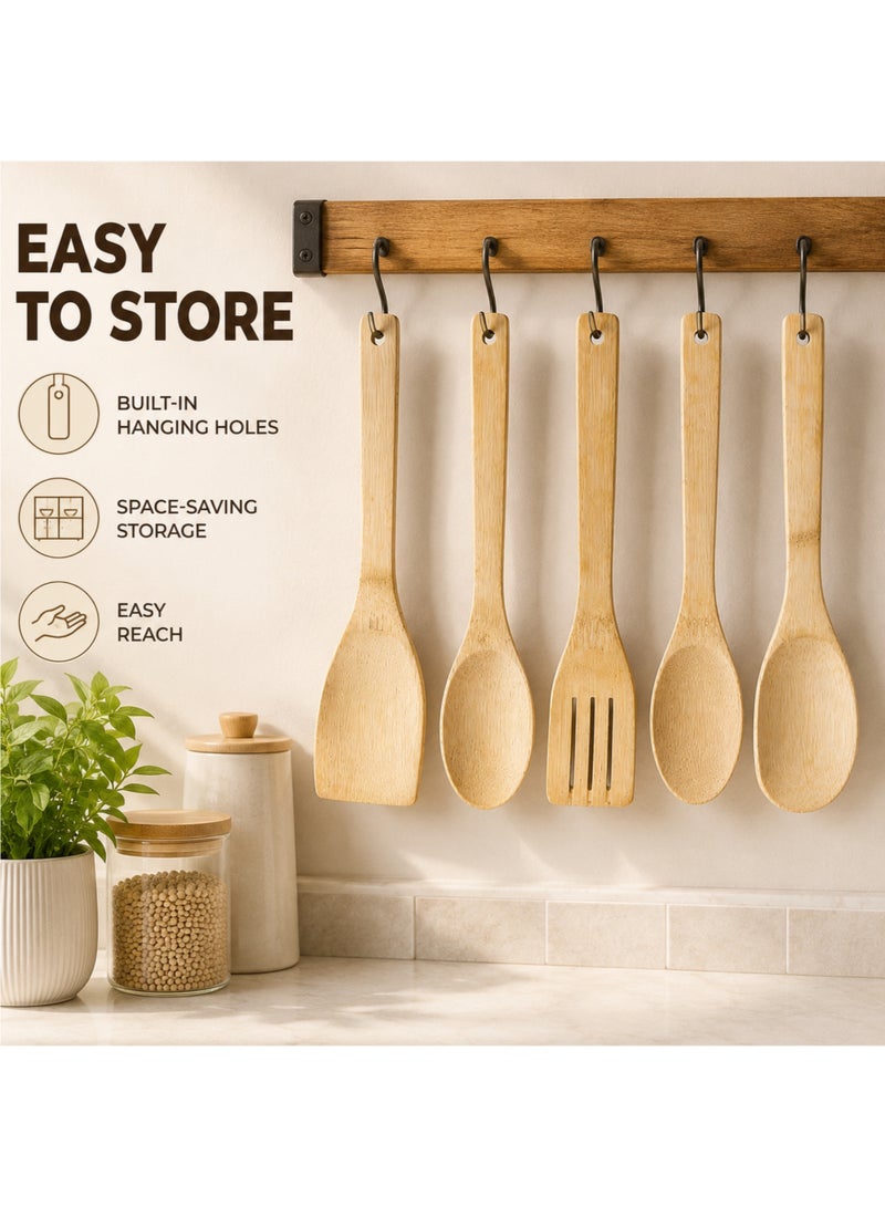 5-Piece Bamboo Wooden Kitchen Utensil Set Cooking Spoons Spatulas Slotted Turner for Cooking & Serving - Image 5