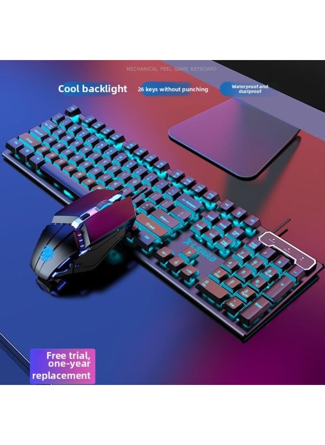 Notebook Computer Competitive Real Game Wired Electric Desktop Special Mechanical Wireless Keyboard Mouse Feel Keyboard Mouse Suit-Color:Genuine Mechanical Feel★Cool Lights - Black Rainbow Light [classic Version] + Silent Mouse - No - 104 Keys - Official Standard