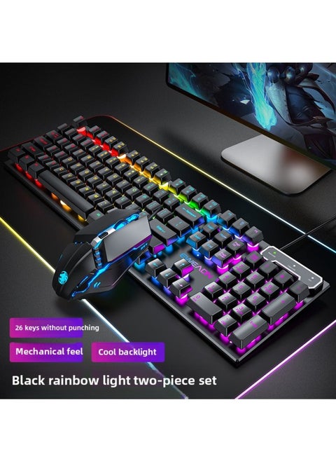 Notebook Computer Competitive Real Game Wired Electric Desktop Special Mechanical Wireless Keyboard Mouse Feel Keyboard Mouse Suit-Color:Genuine Mechanical Feel★Cool Lights - Black Rainbow Light [classic Version] + Silent Mouse - No - 104 Keys - Official Standard