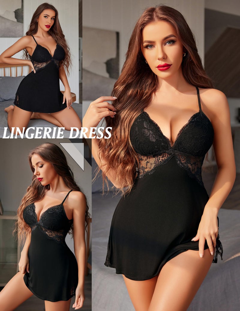 Avidlove Women Lingerie Lace Chemise Sleepwear Babydoll Teddy Lingerie Black X-Large - Image 4