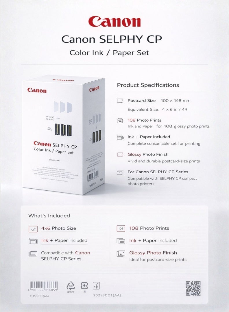 كانون كي بي-108 بوصة حبر ملون وورق صور لطابعات سيلفي ، 108 ورقة ، 4 * 6 بوصة - Image 2