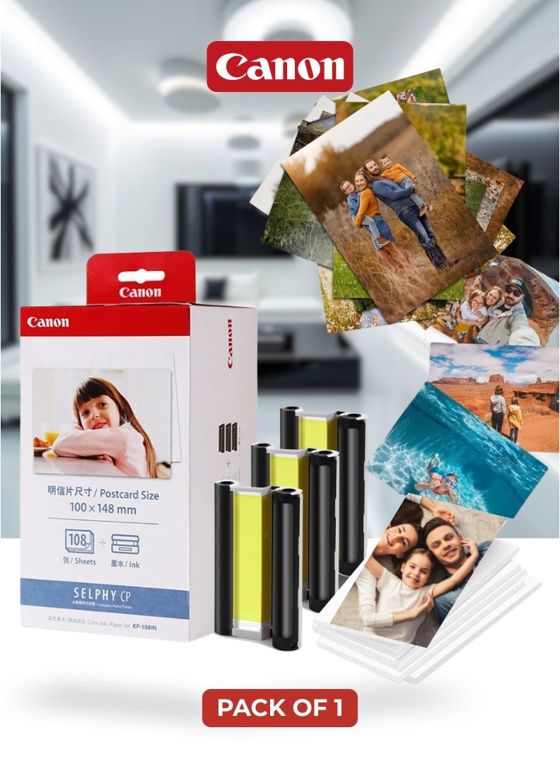 كانون كي بي-108 بوصة حبر ملون وورق صور لطابعات سيلفي ، 108 ورقة ، 4 * 6 بوصة - Image 1