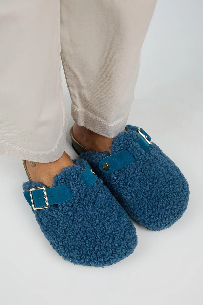 Manijero Manijero Suzen Teddy Women's Fur-Lined Genuine Leather Slippers with Belt and Buckle, Navy Blue