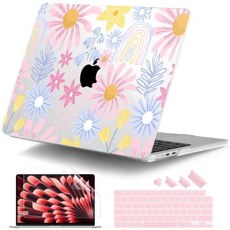 DONGKE Compatible with M4 MacBook Air 15 inch Case 2025 2024 2023 A3241 A3114 A2941 M3 M2 Liquid Retina Display Touch ID Plastic Hard Case Keyboard Skin Screen Protector Colorful Florals