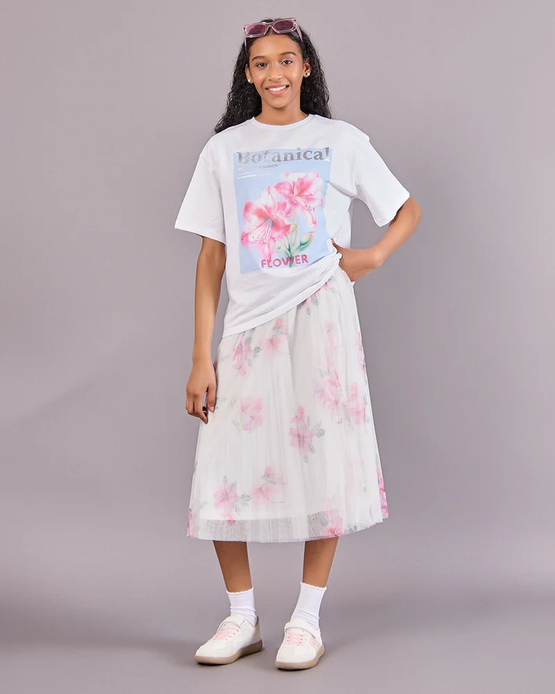 Redtag Senior Girls White Floral Pleated Mesh Skirt