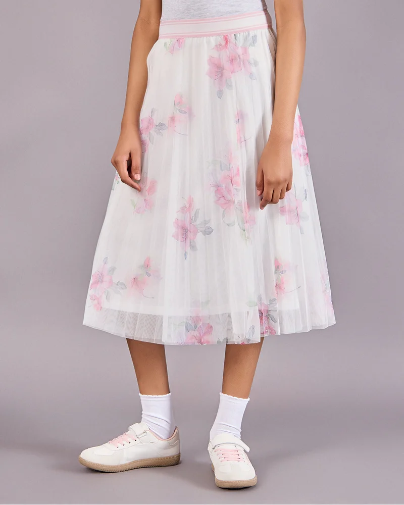 Redtag Senior Girls White Floral Pleated Mesh Skirt