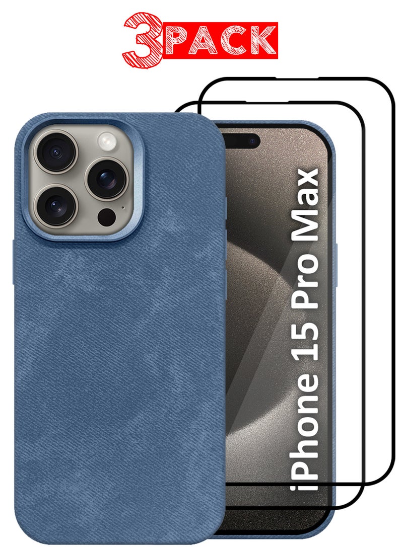 CATANES 3Packs iPhone 15 Pro Max Alcantara Case Cover Premium Quality Luxurious Soft Touch Protection with Metal Camera Frame with Two 3D Screen Protectors - Sierra Blue  - Image 1
