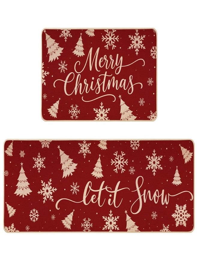 Siilues Christmas Kitchen Mat Set of 2, Non-Slip Tree Snowflake Let It Snow Red Merry Christmas Kitchen Rugs for Floor Seasonal Winter Home Decor Low-Profile - 17x29 and 17x47 Inch - Image 1