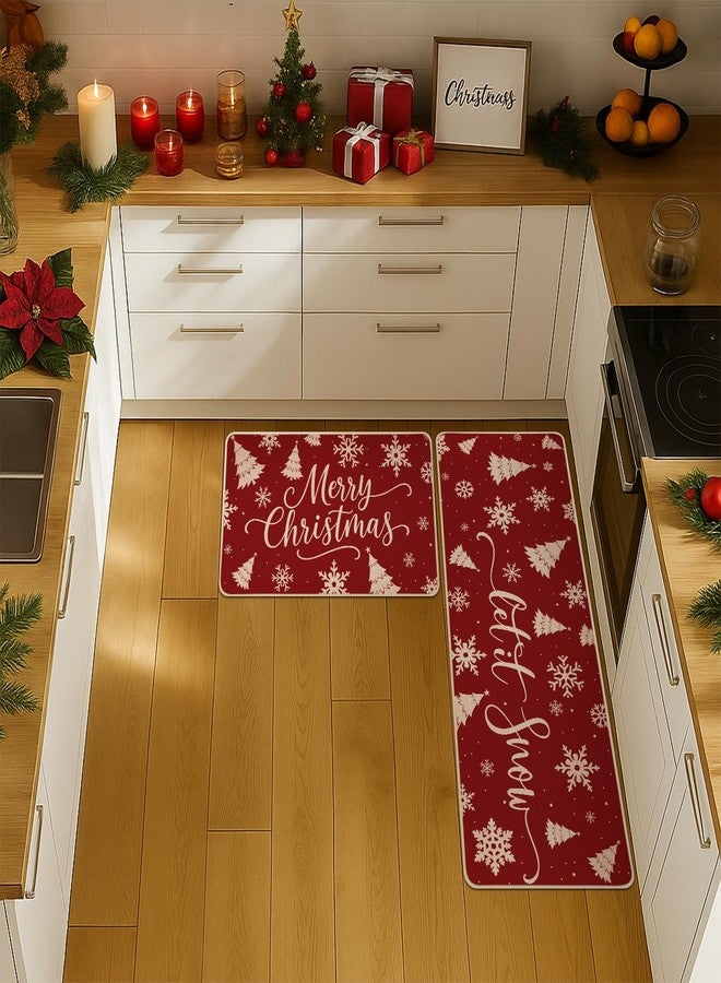 Siilues Christmas Kitchen Mat Set of 2, Non-Slip Tree Snowflake Let It Snow Red Merry Christmas Kitchen Rugs for Floor Seasonal Winter Home Decor Low-Profile - 17x29 and 17x47 Inch - Image 2