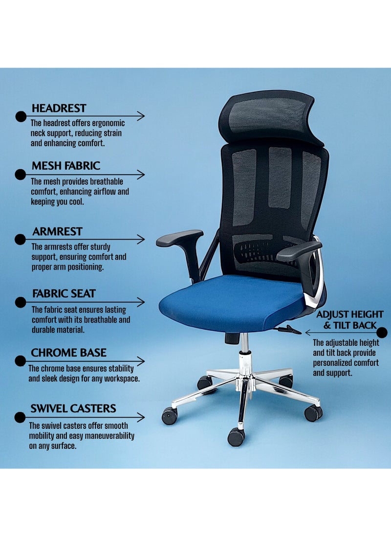 SBF Ergonomic Mesh Office Chair with Headrest, High Back, Adjustable Height and Tilt Back, Breathable Fabric, Chrome Base, Ideal for Home and Office