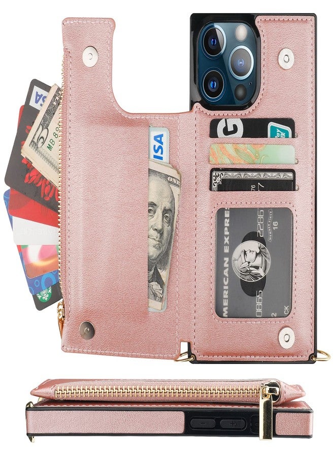 Bocasal Crossbody Wallet Case for iPhone 13 Pro Max with RFID Blocking Card Slot Holder, Magnetic Flip Folio Purse Case, PU Leather Zipper Handbag with Detachable Lanyard Strap 6.7 Inch 5G (Rose Gold) - Image 3