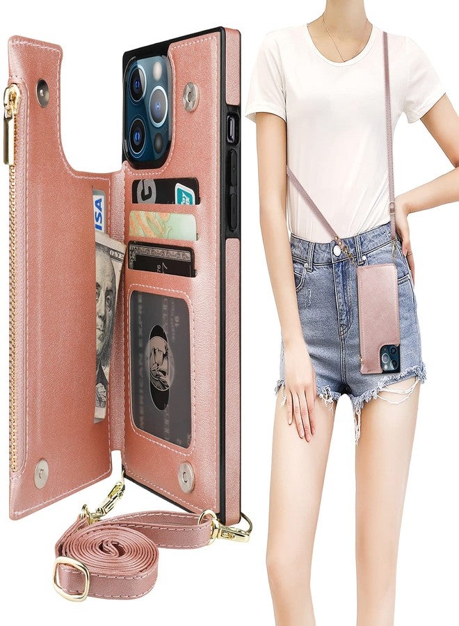 Bocasal Crossbody Wallet Case for iPhone 13 Pro Max with RFID Blocking Card Slot Holder, Magnetic Flip Folio Purse Case, PU Leather Zipper Handbag with Detachable Lanyard Strap 6.7 Inch 5G (Rose Gold) - Image 1