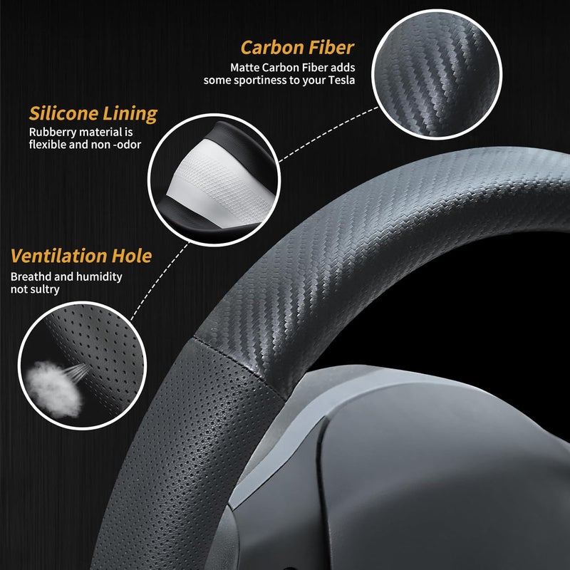 Uxcer Carbon Fiber Leather Steering Wheel Cover for Tesla Model 3/Y 2016-2025, Non-Slip Breathable Tesla Model 3/Y Steering Wheel Protector, Tesla Model 3 Model Y Juniper Accessories 2025 - Image 5