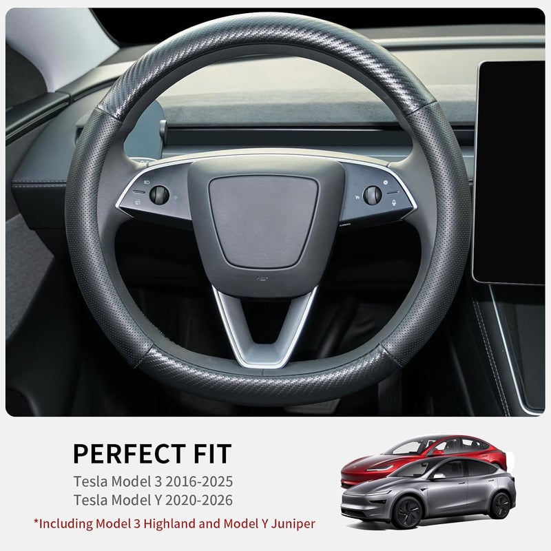 Uxcer Carbon Fiber Leather Steering Wheel Cover for Tesla Model 3/Y 2016-2025, Non-Slip Breathable Tesla Model 3/Y Steering Wheel Protector, Tesla Model 3 Model Y Juniper Accessories 2025 - Image 2