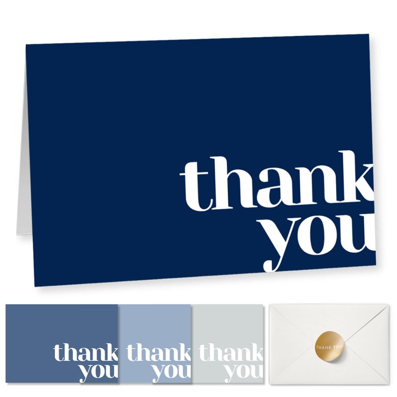 Paper Play Thank You Cards Bulk Pack of 40 Blue, 5x3.5 Inches with Matching Stickers & Envelopes, Minimalistic Design Suitable for Business, Baby Shower, Wedding, Small Business, Graduation, Funeral - Image 1