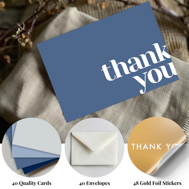 Paper Play Thank You Cards Bulk Pack of 40 Blue, 5x3.5 Inches with Matching Stickers & Envelopes, Minimalistic Design Suitable for Business, Baby Shower, Wedding, Small Business, Graduation, Funeral - Image 3