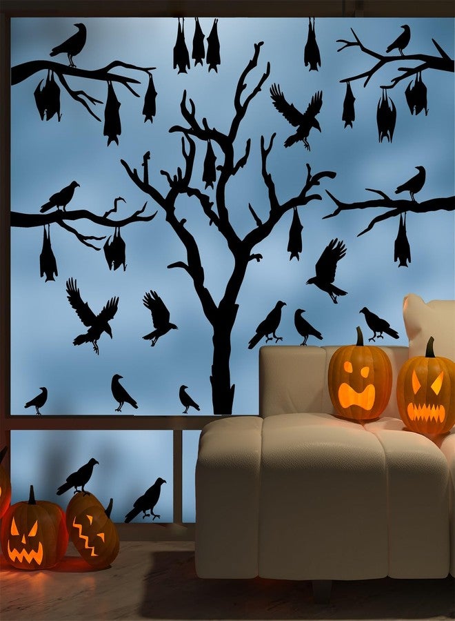 HATARU Large Halloween Window Stickers Halloween Tree Walls Decals Bats Stickers Black Bird Crow Decals Peel and Stick Halloweens Tree Branch Wall Art Sticker Halloweens Vinyl Decor for Party Supply Gift - Image 1