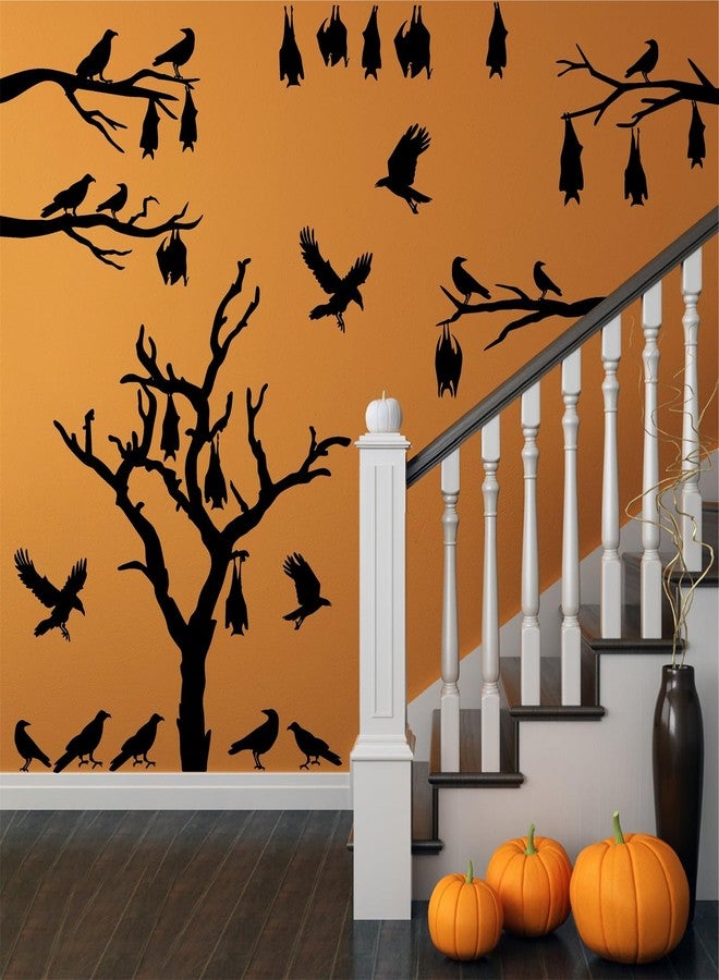HATARU Large Halloween Window Stickers Halloween Tree Walls Decals Bats Stickers Black Bird Crow Decals Peel and Stick Halloweens Tree Branch Wall Art Sticker Halloweens Vinyl Decor for Party Supply Gift - Image 2