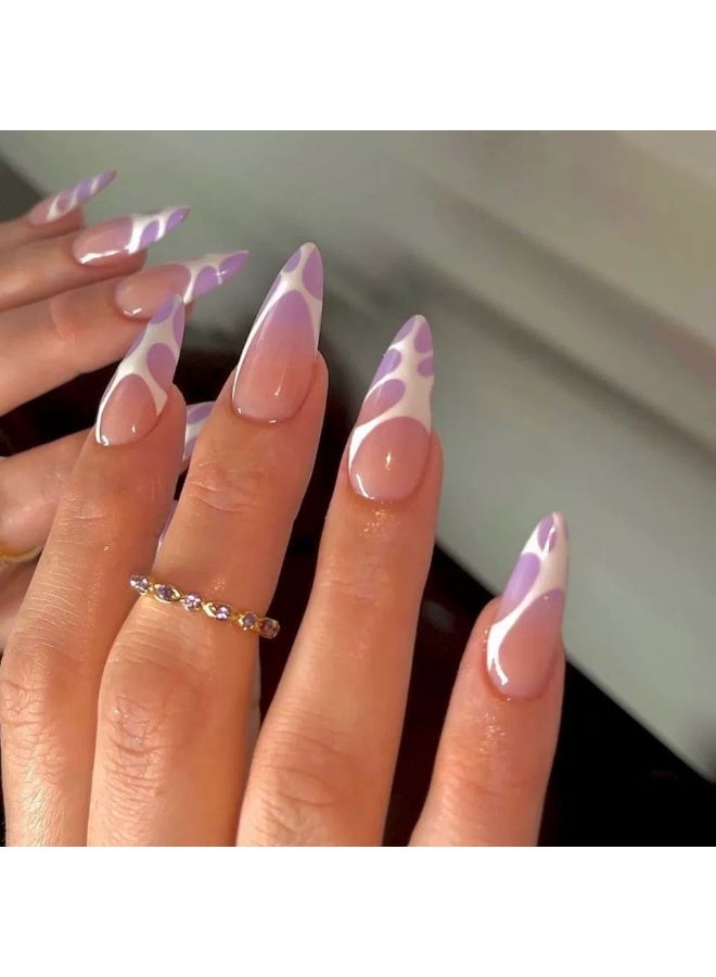 Goolsky Glam Purple White Leopard Almond Press-On Nails - Metallic Accent Fashion Edgy Daily - Image 1