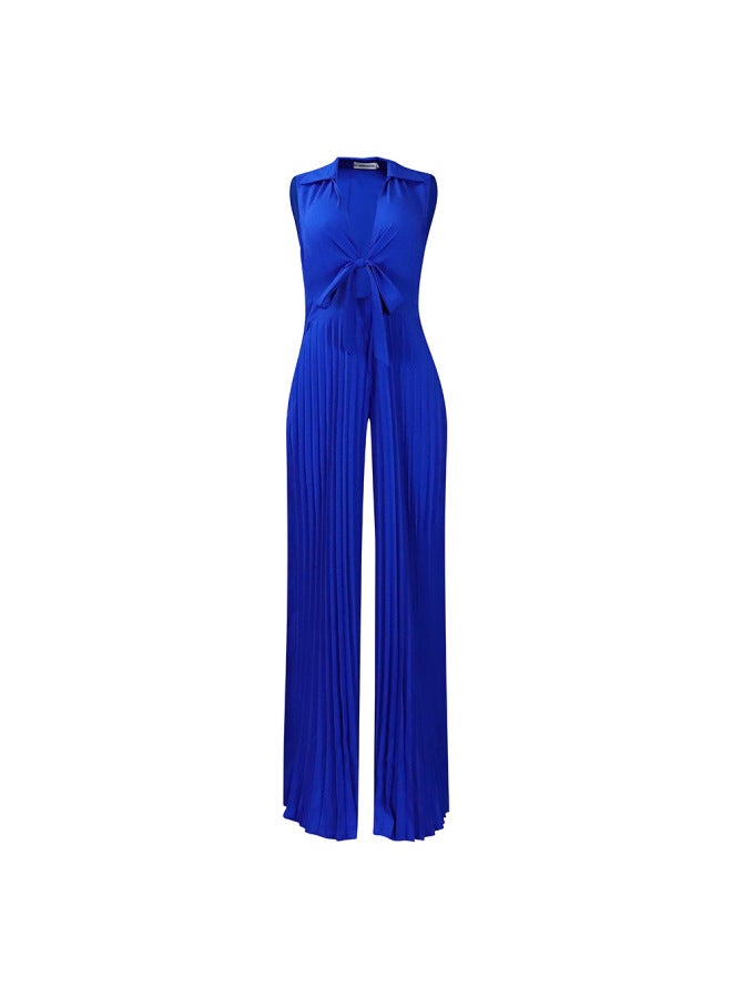 European And American Women's Summer New Fashion V-neck Sleeveless Lapel Printed Loose Wide-leg Jumpsuit