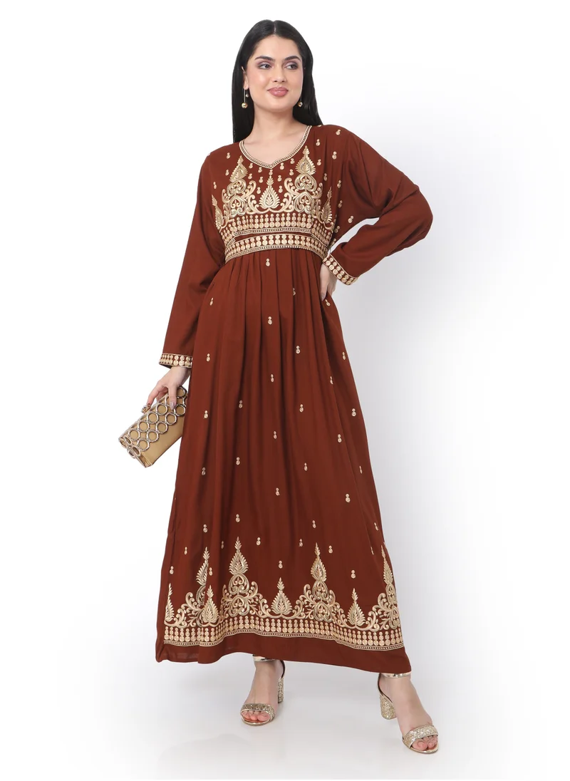 HANA & SARA MODEST THICK EMBRODERED WITH LONG SLEEVES AND BELT LIGHT BROWN HIGH QUALITY STYLISH ARABIC KAFTAN JALABIYA DRESS