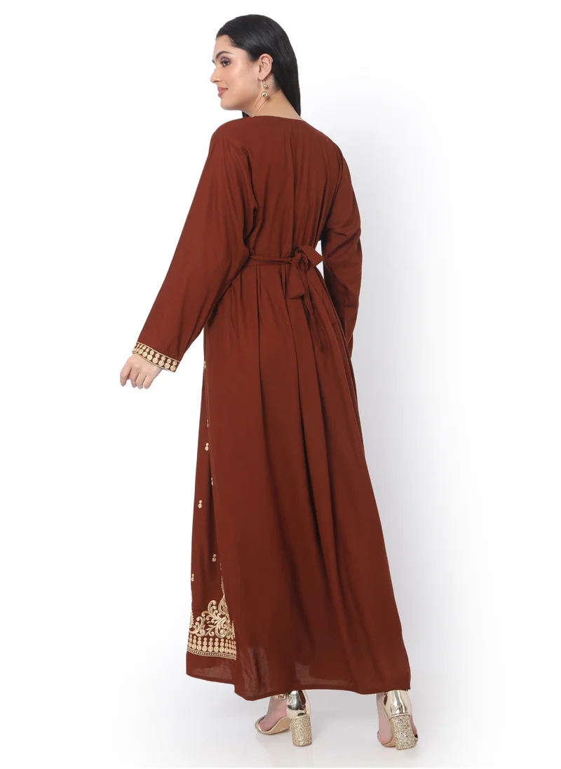 HANA & SARA MODEST THICK EMBRODERED WITH LONG SLEEVES AND BELT LIGHT BROWN HIGH QUALITY STYLISH ARABIC KAFTAN JALABIYA DRESS