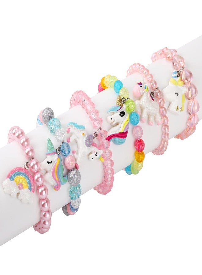 Wingchold Set of 6 Unicorn Rainbow Bracelets, Little Girl Animal Bracelets, Teens Kids Unicorn Pendant Beaded Bracelet Girl Party Favor Pretend Play Bracelet - Image 2