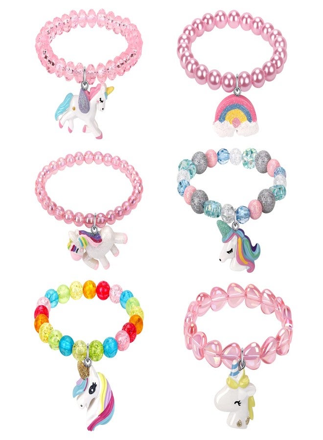 Wingchold Set of 6 Unicorn Rainbow Bracelets, Little Girl Animal Bracelets, Teens Kids Unicorn Pendant Beaded Bracelet Girl Party Favor Pretend Play Bracelet - Image 1