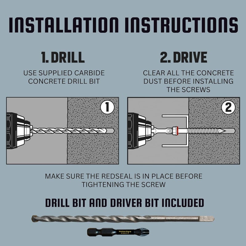 Phillips' Velocity 2 1/4 Concrete Screws Set with RedSeal Moisture Barrier (Hex Head, 1/4”) – 12 Pcs High-Performance Masonry Screws, Stick Tight Technology, 1 PSD ACR Drive Bit and 1 Carbide Concrete Drill Bit - Image 4