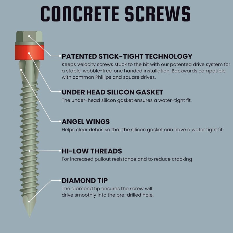 Phillips' Velocity 2 1/4 Concrete Screws Set with RedSeal Moisture Barrier (Hex Head, 1/4”) – 12 Pcs High-Performance Masonry Screws, Stick Tight Technology, 1 PSD ACR Drive Bit and 1 Carbide Concrete Drill Bit - Image 2